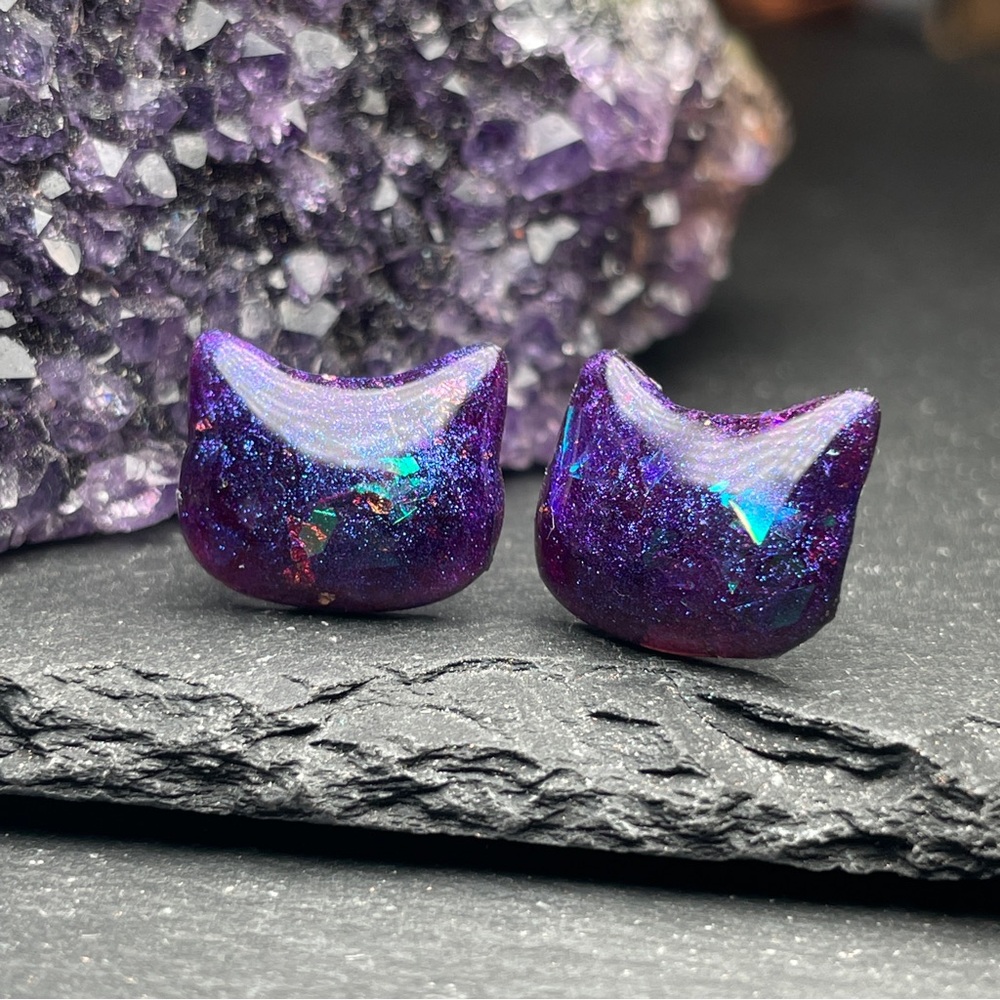 2/$18 Custom Purple Opal Inspired Cat Ear Stud Earrings Hand Poured Resin